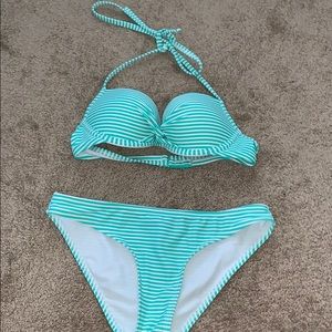Aerie green and white striped bikini
